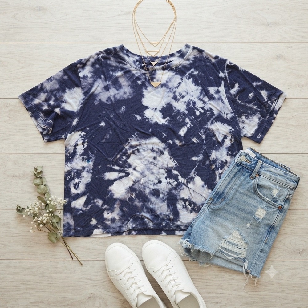 Honeydew Tie Dye Tee Women Small Navy Blue Cropped Boxy Boho Loungewear Top